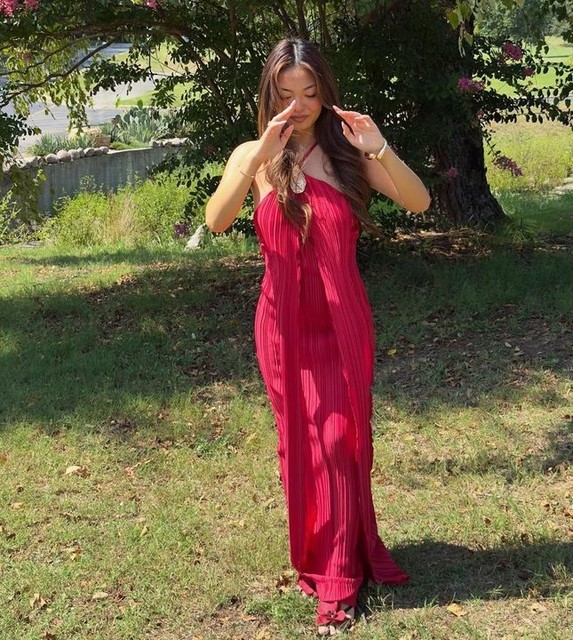ASOS DESIGN halterneck plisse drape maxi dress with oyster gold trim in red