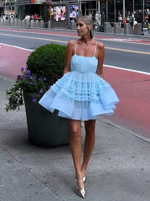 Lace & Beads tulle ruffle babydoll bodysuit mini dress in baby blue