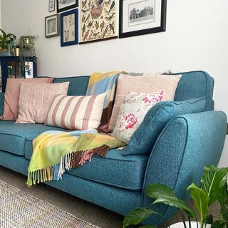 S O F A  S O  G O O D
Living room coming along nicely.
.
When we got this sofa a few weeks back, I really wanted some pink cushions for spring. The velvet beauty was from Secret Sales and I got two new covers from H&M. The stripey was another H&M buy (repurposed from Christmas) and the Cath Kidston was a house warming present for our first home back in 2008!
.
The before photo is our previous sofa aka the beige beauty. He just wasn’t working for us in the space but he’s gone to a good second home.