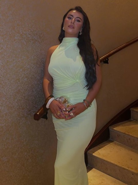 ASOS DESIGN mesh twist bust detail halter maxi dress with tie back neck in pistachio