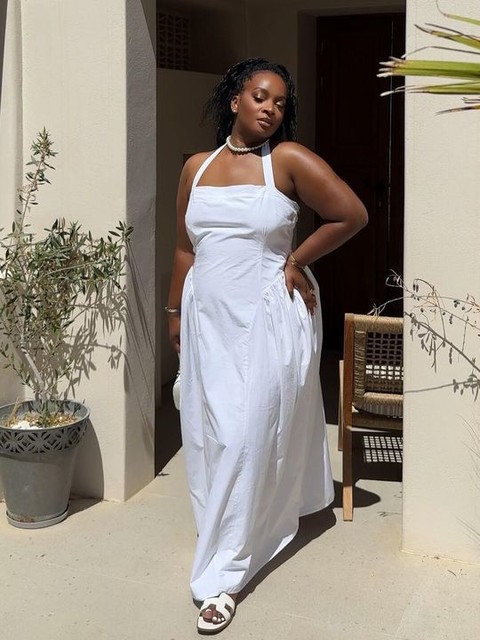 4th & Reckless Petite poplin square neck halterneck drop waist puff skirt maxi dress in white