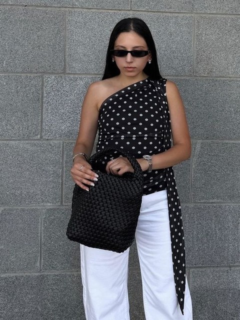 Kaiia exclusive double layered slinky mesh one shoulder scarf detail top in mono polka dot - part of a set 
