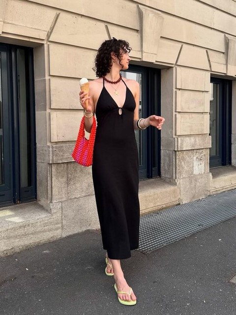Bershka linen blend halter midi dress with tie detail in black