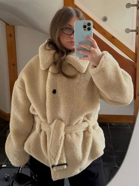 Topshop teddy belted short car coat in cream