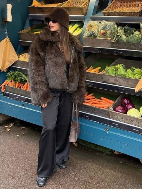 Threadbare short fur jacket with collar in chocolate