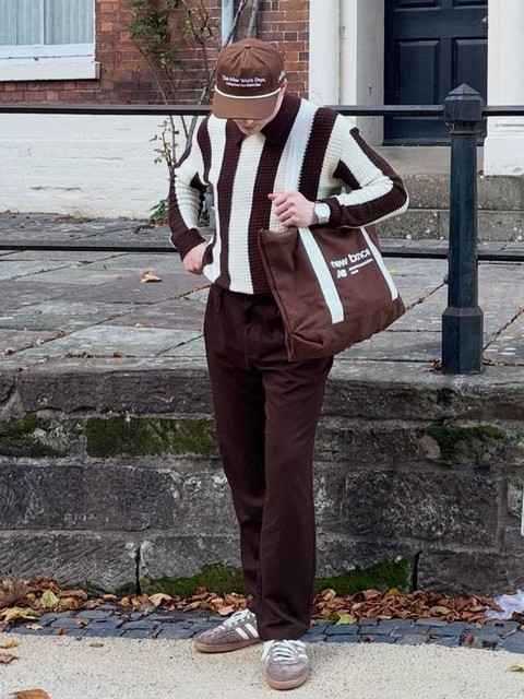 ASOS DESIGN relaxed boxy fit knitted polo jumper in brown stripe