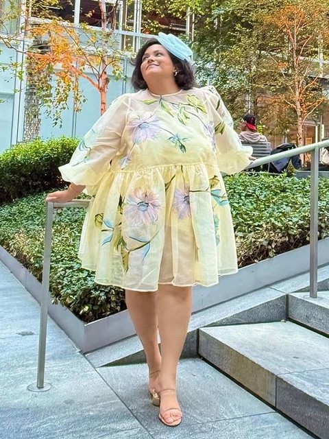 ASOS LUXE Curve oversized organza mini smock dress with floral embroidery in buttermilk