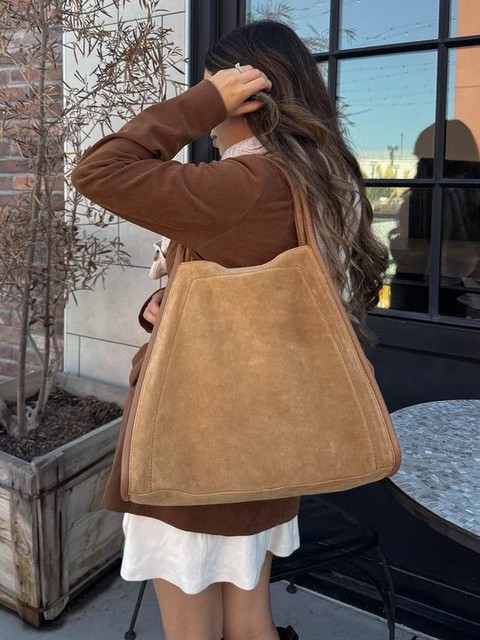 ASOS DESIGN suede tote bag with tubular piping in tan