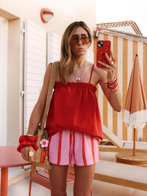 ASOS DESIGN linen blend trapeze cami top in red - part of a set
