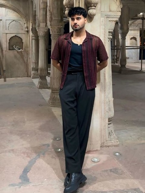 ASOS DESIGN boxy revere crochet shirt in burgundy and black stripe