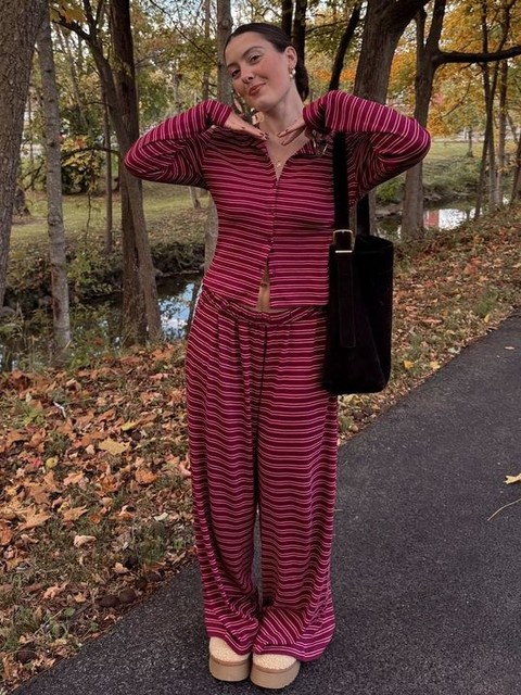 ASOS DESIGN wide leg trouser in burgundy stripe