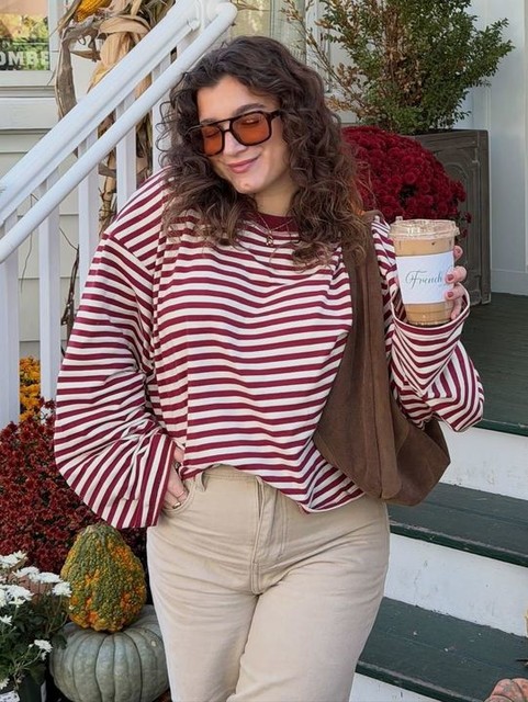 Lioness Bloom cotton blend long sleeve crew neck boxy t-shirt in wine & white stripe