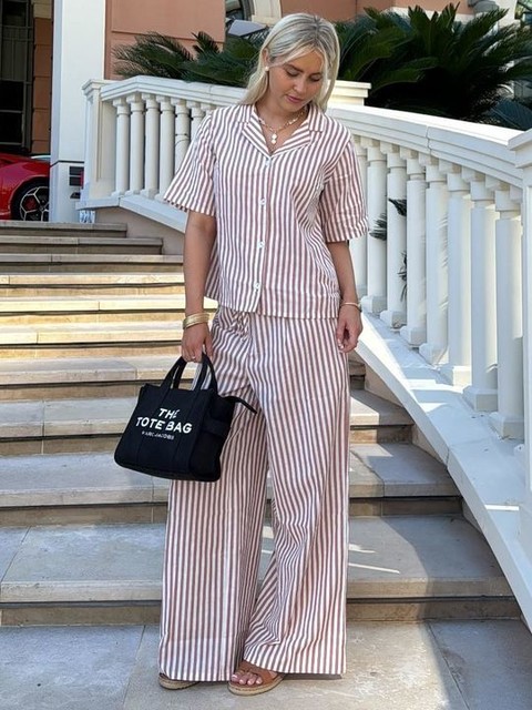 Wednesday's Girl button through linen boxy striped shirt co-ord in tan