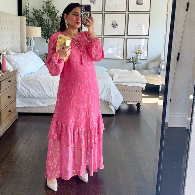 Never Fully Dressed metallic midaxi dress in pink