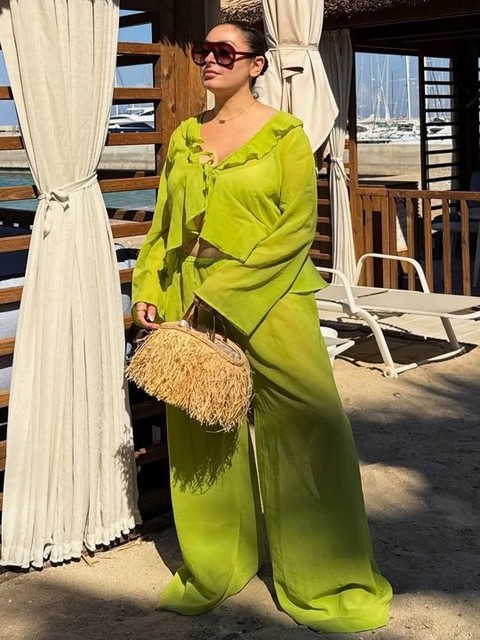 Esmee Exclusive mesh long sleeve beach crop top co-ord with ruffle detail in green