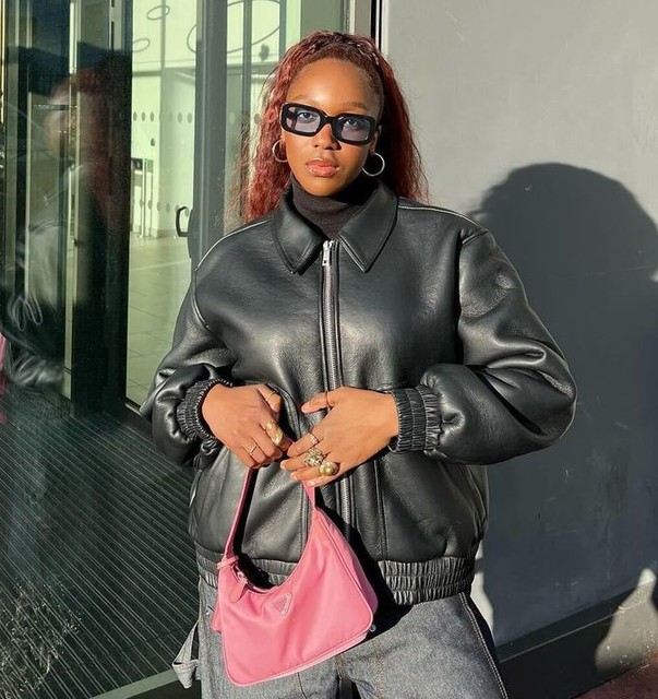 Topshop faux leather shearling bomber jacket in black
