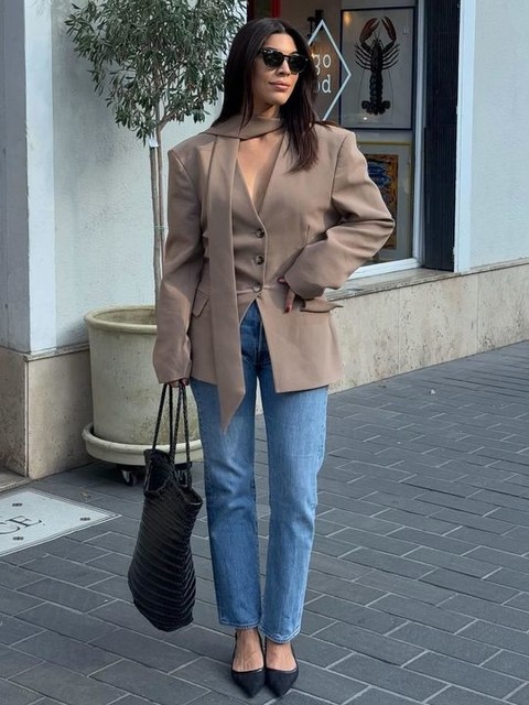 ASOS DESIGN cinch shoulder pad blazer with scarf co ord in mocha