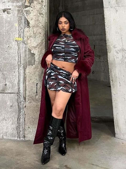 COLLUSION slash neck  long sleeve mesh top in red camo