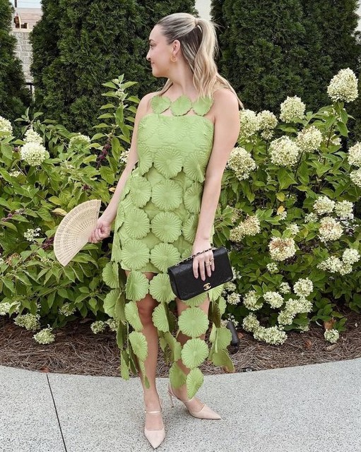 ARRANGE cutwork floral midi dress with fringe hem in olive green