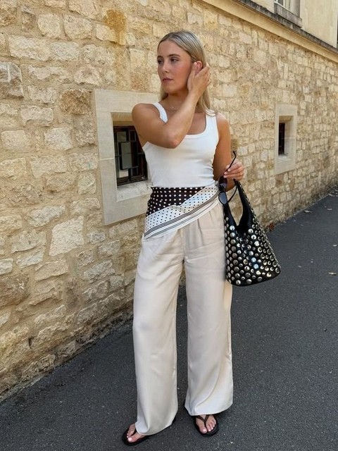 Topshop satin tie waist wide leg trouser in ecru