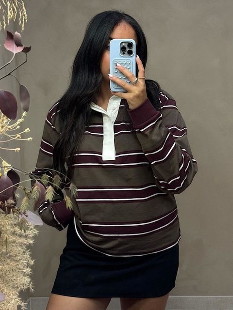 ASOS DESIGN oversized rugby shirt in khaki stripe