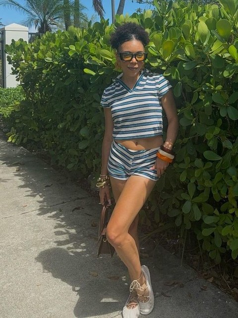 COLLUSION towelling striped polo top co-ord in blue
