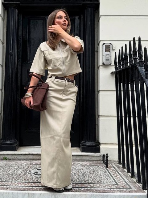 4th & Reckless tailored zip up cropped boxy shirt in beige - part of a set