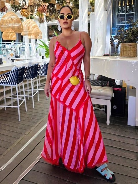 ARRANGE contrast fabric cami midi dress with hanky hem in colour block stripe