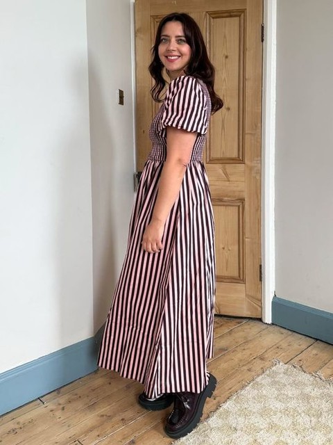 New Look stripe shirred midi dress in pink pattern