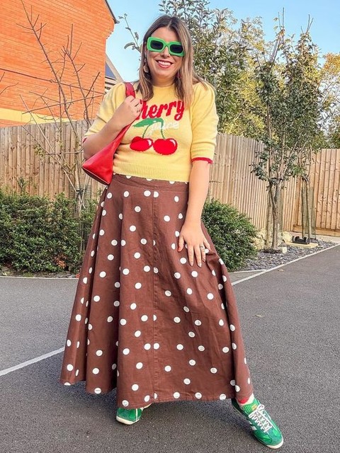 ASOS DESIGN denim circle skirt in brown polka dot