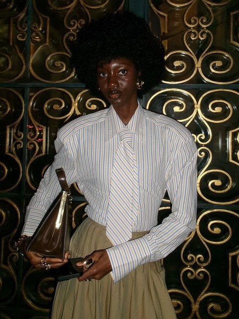 ASOS DESIGN cinch waist shirt with shoulder pads and necktie in yellow stripe