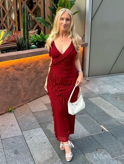 ASOS DESIGN tie side ruffle draped maxi dress in dark cherry