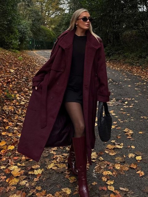 ASOS DESIGN formal longline funnel neck trench coat in burgundy