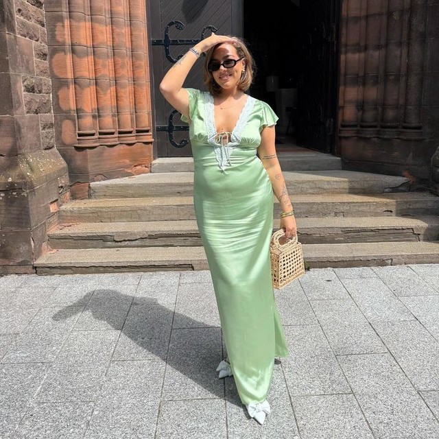 Princess Polly satin plunge lace trim flutter sleeve maxi dress in green
