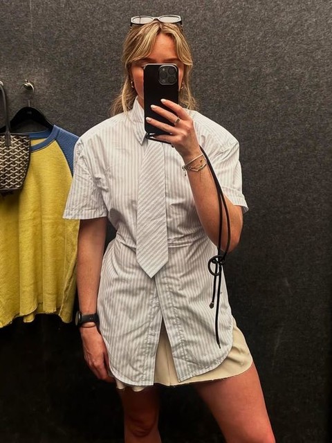 ASOS DESIGN shoulder pad short sleeve shirt with tie in stripe