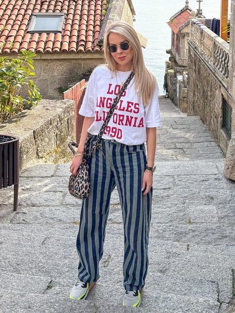 Topshop Barrel mid rise jean in khaki stripe