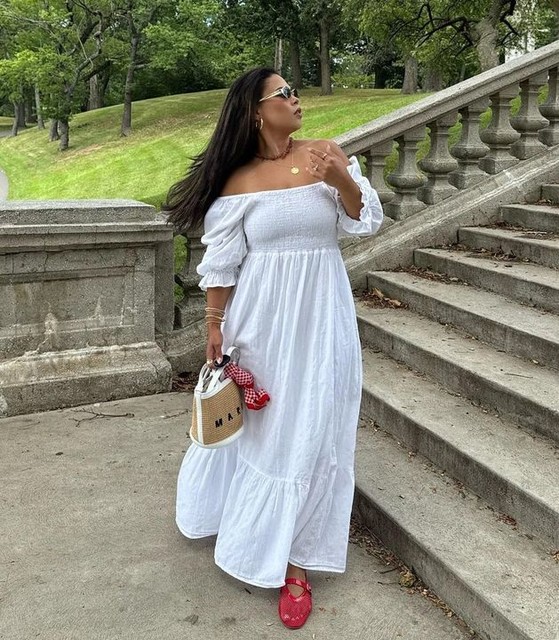 Accesorize puff sleeve shirred dress in white with embroidery detail 